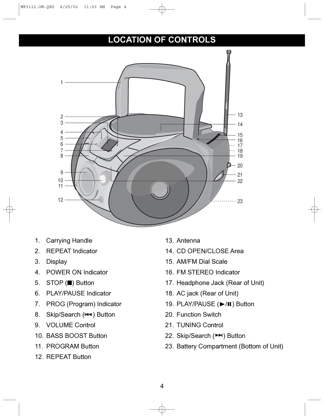 Memorex MP3112 operating instructions Location of Controls 