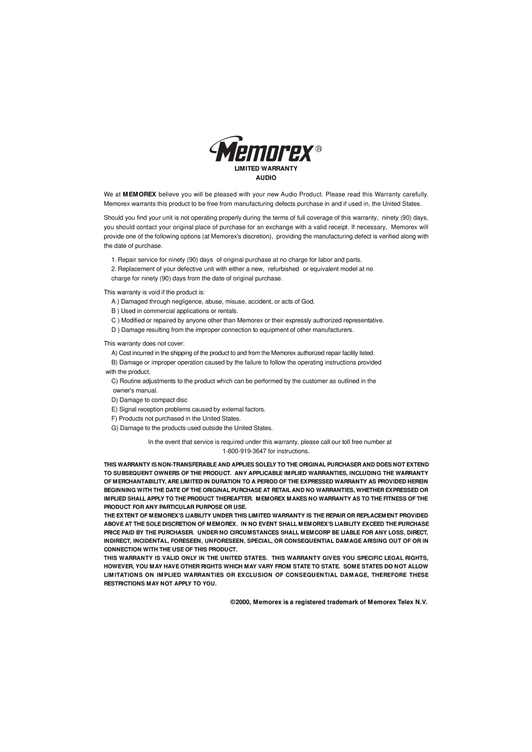 Memorex MP3114 manual Limited Warranty Audio 