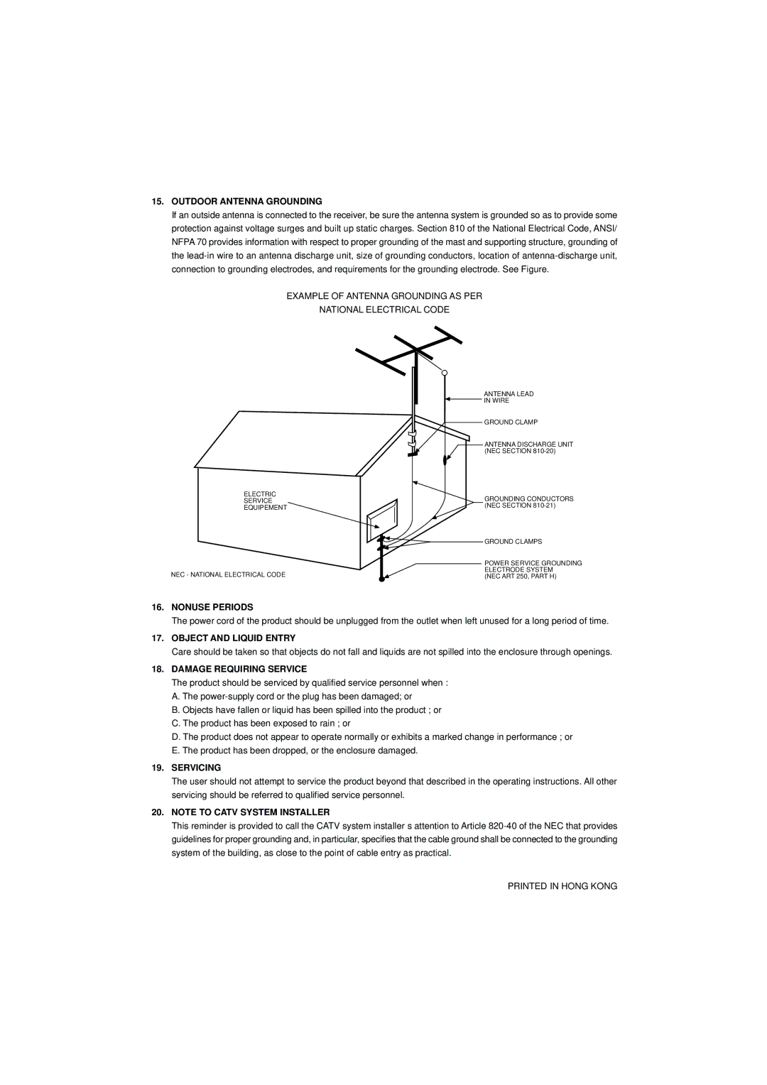 Memorex MP3114 Outdoor Antenna Grounding, Nonuse Periods, Object and Liquid Entry, Damage Requiring Service, Servicing 