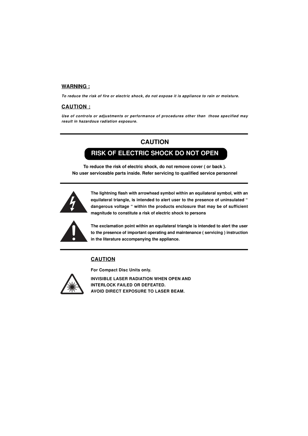 Memorex MP3114 manual Risk of Electric Shock do not Open 