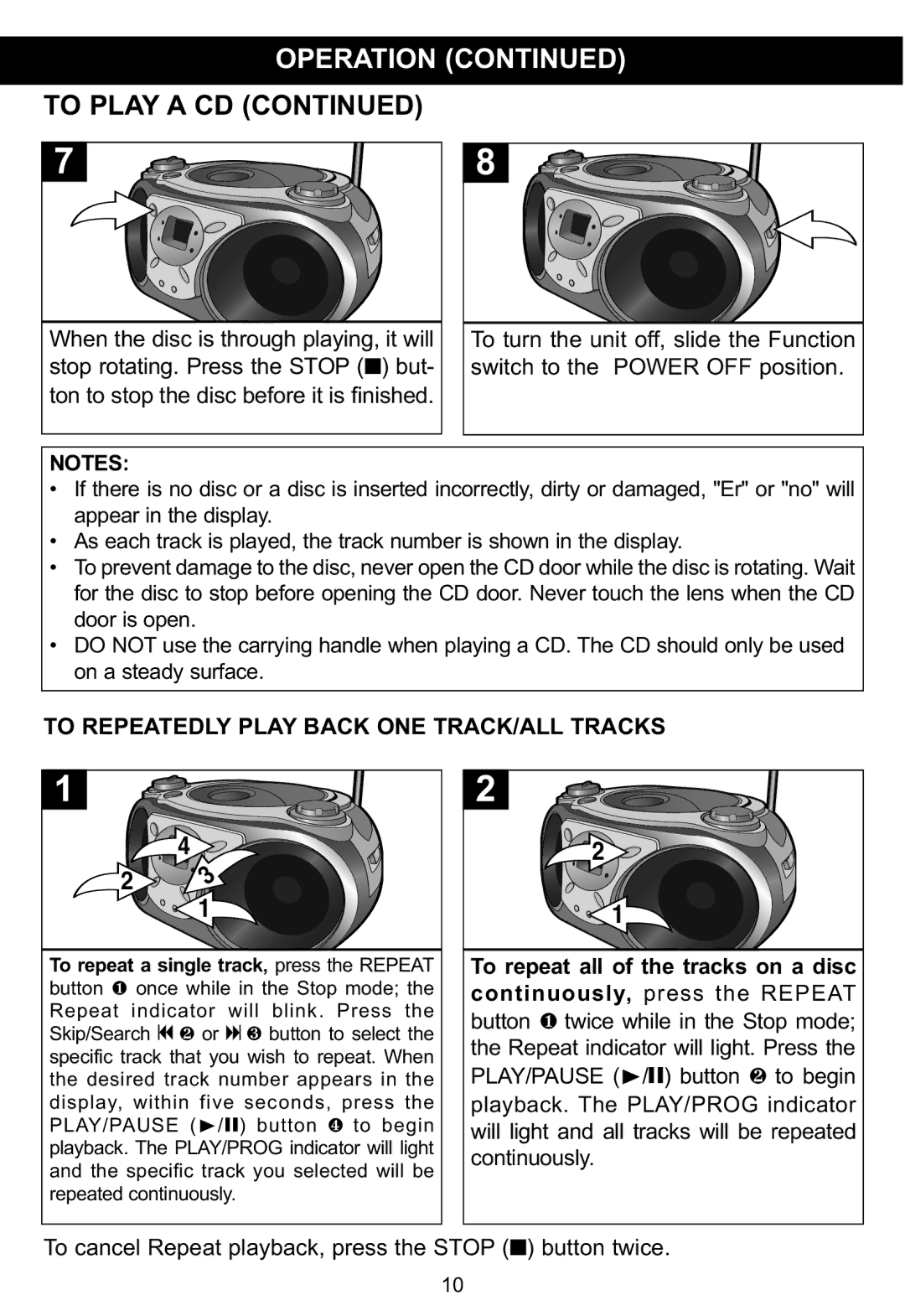 Memorex MP3115 manual To Play a CD, To Repeatedly Play Back ONE TRACK/ALL Tracks 