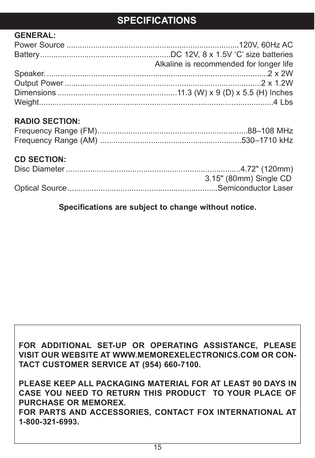 Memorex MP3115 manual Specifications 