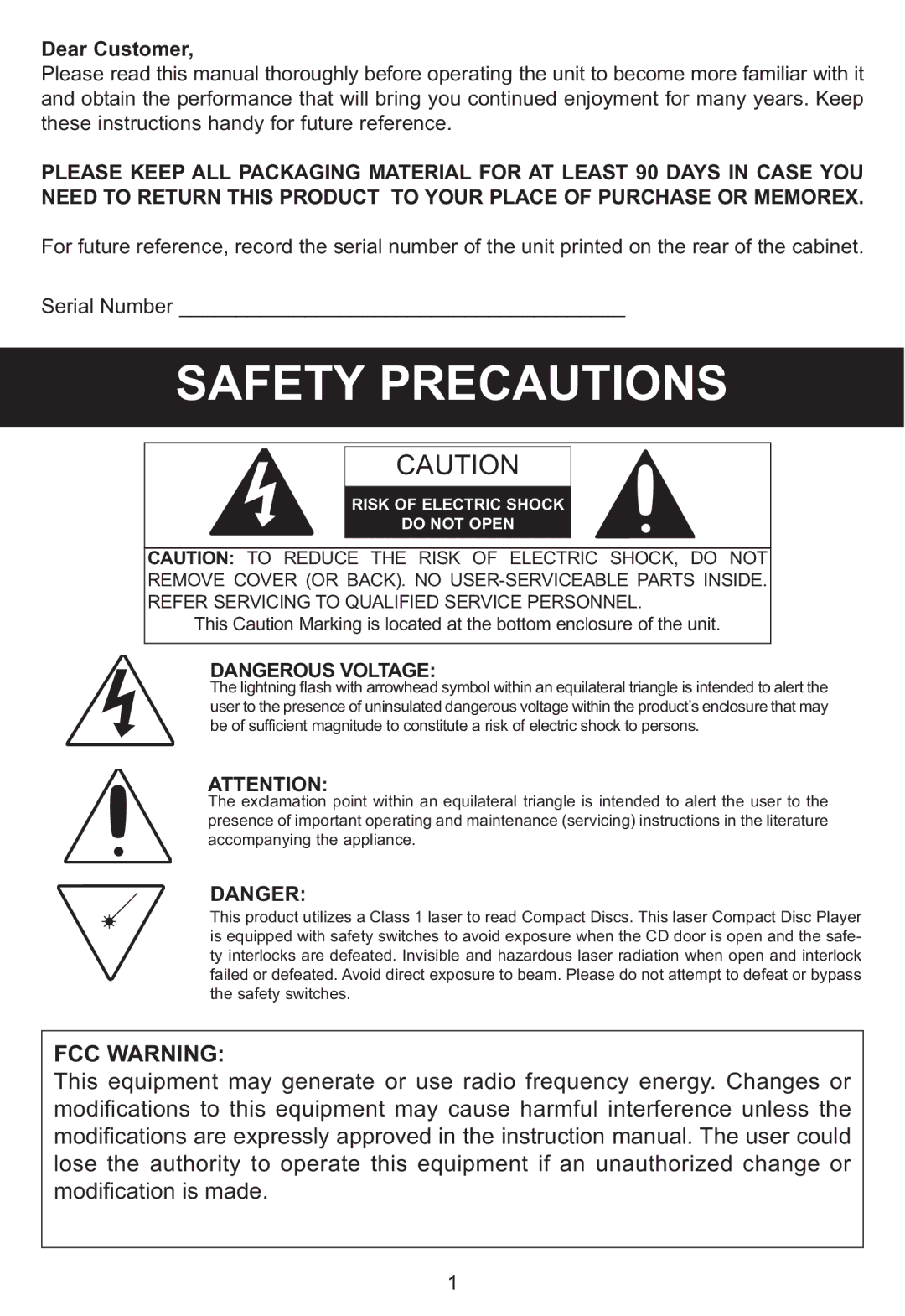 Memorex MP3115 manual FCC Warning, Dear Customer 