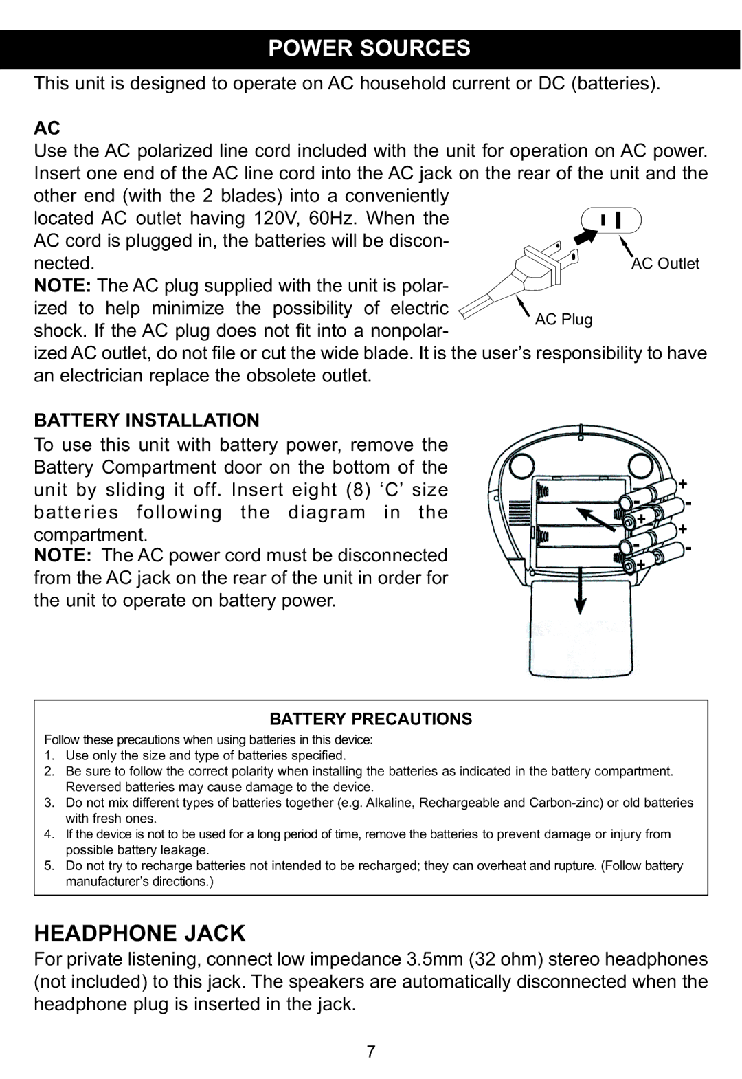 Memorex MP3115 manual Power Sources, Battery Installation 