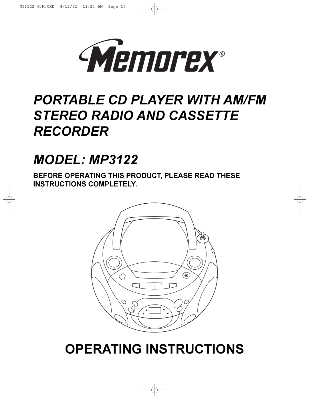 Memorex MP3122 operating instructions Operating Instructions 