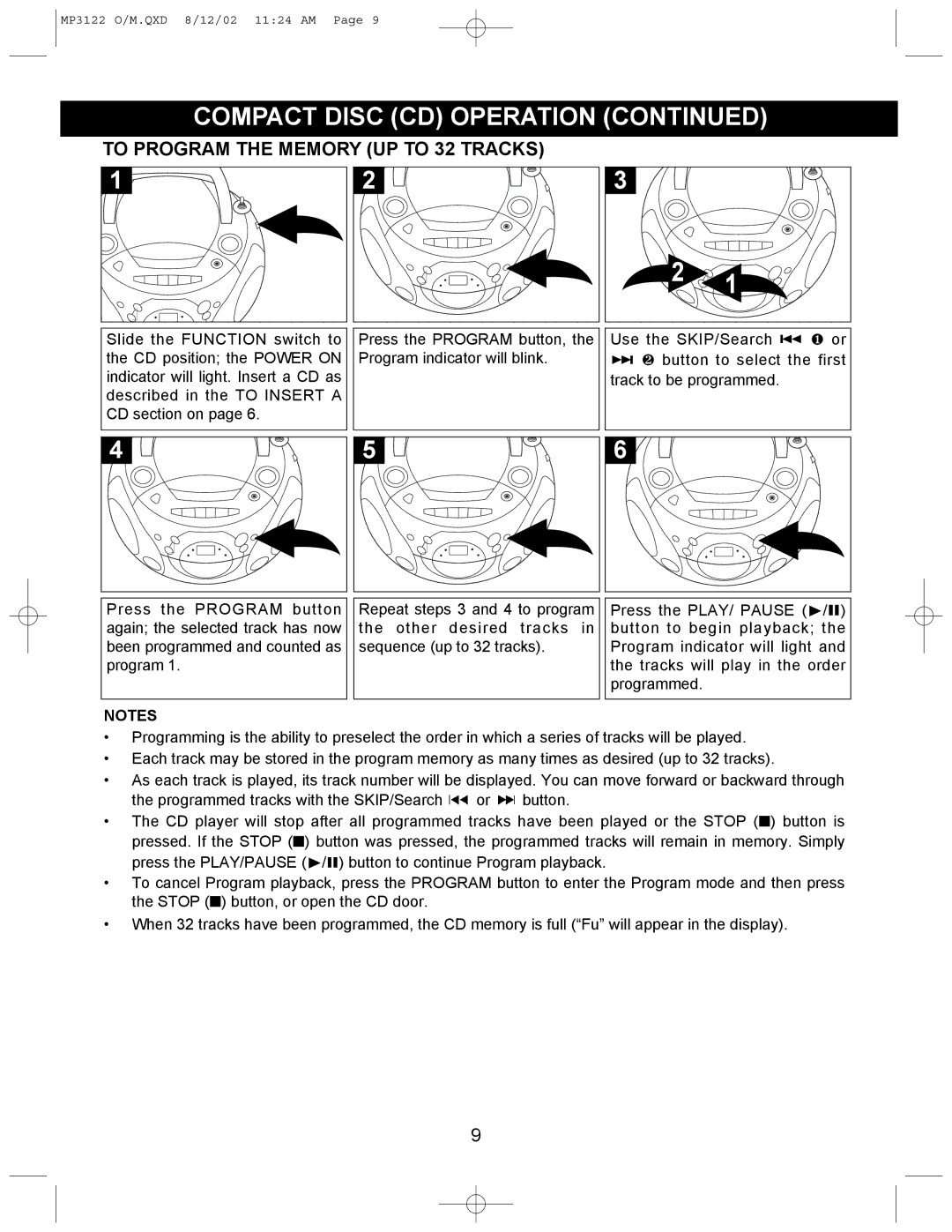 Memorex MP3122 operating instructions To Program the Memory UP to 32 Tracks 