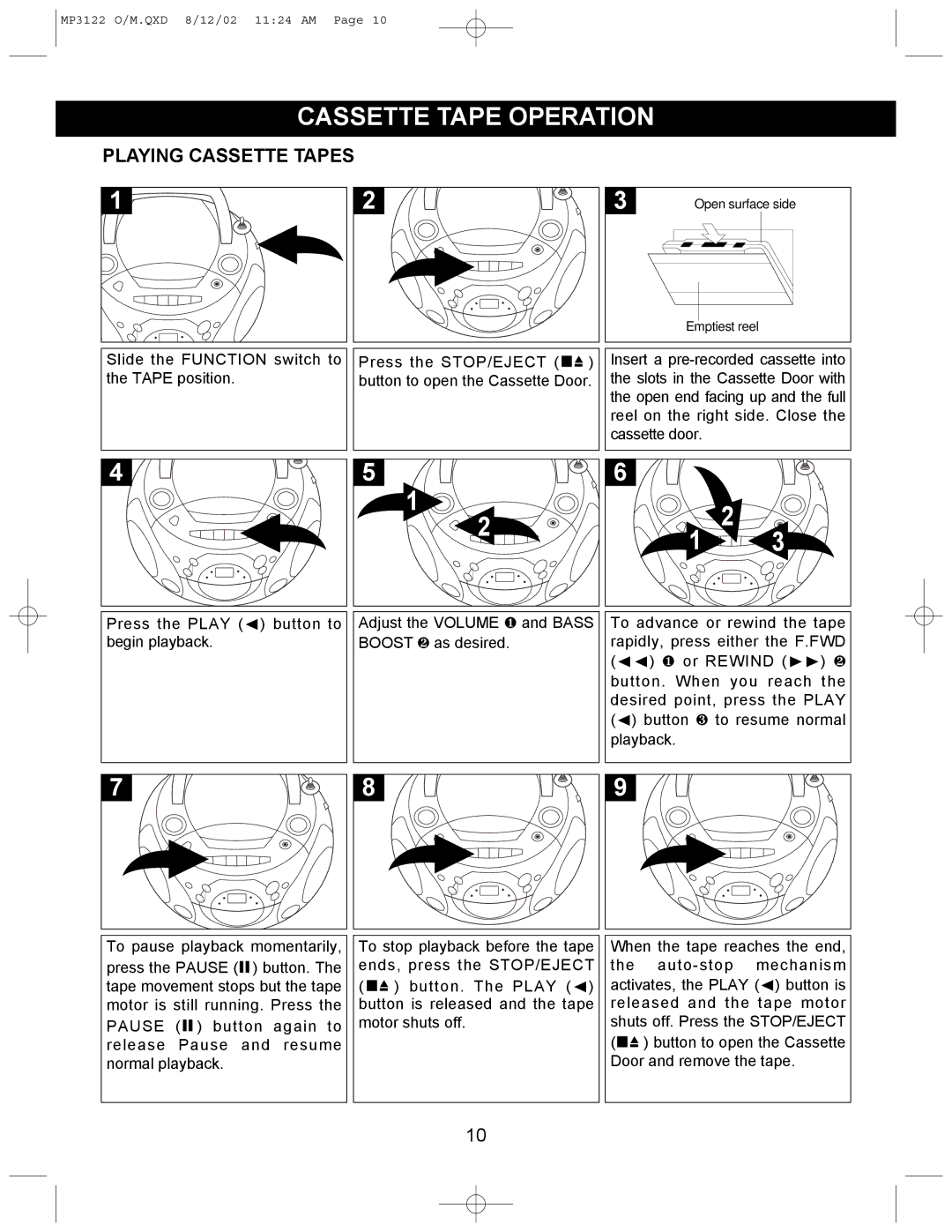 Memorex MP3122 operating instructions Cassette Tape Operation, Playing Cassette Tapes 