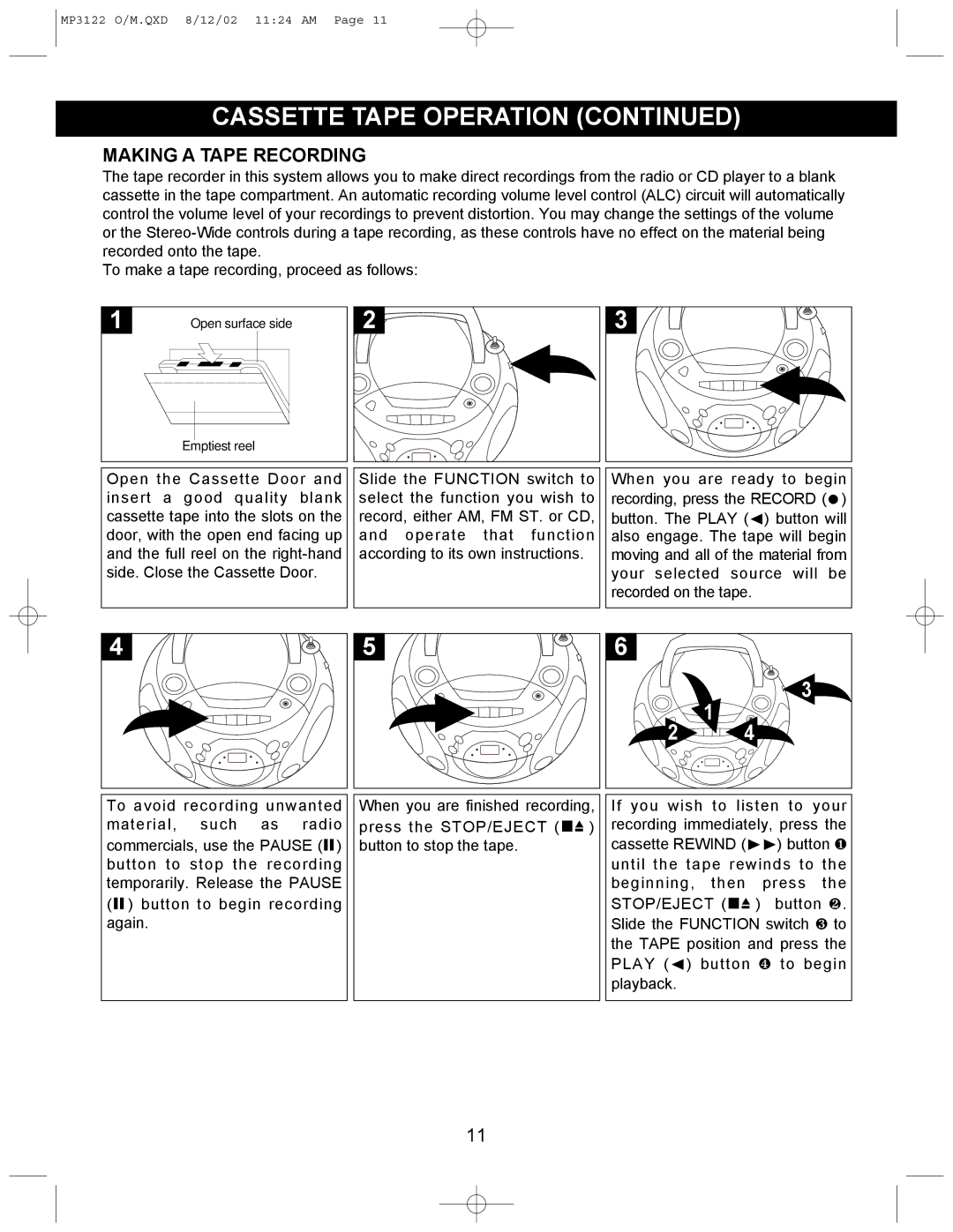 Memorex MP3122 operating instructions Making a Tape Recording 