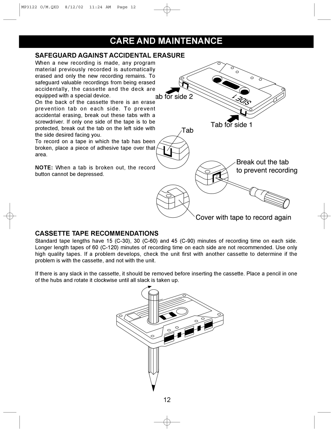 Memorex MP3122 operating instructions Safeguard Against Accidental Erasure, Cassette Tape Recommendations 