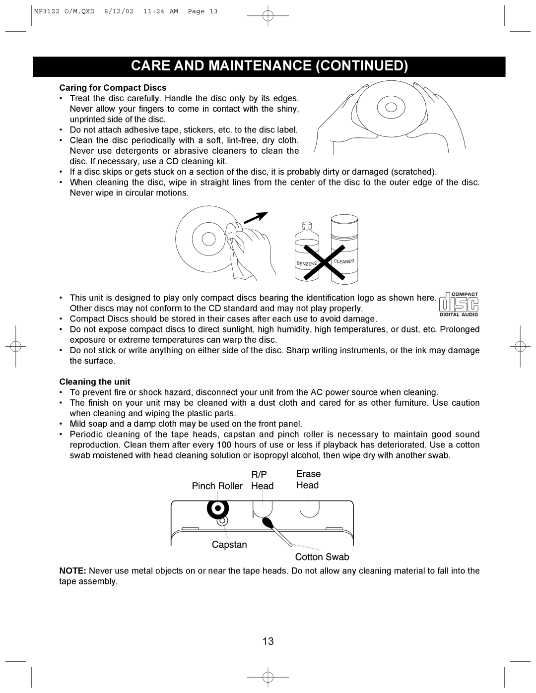 Memorex MP3122 operating instructions Care and Maintenance, Caring for Compact Discs, Cleaning the unit 