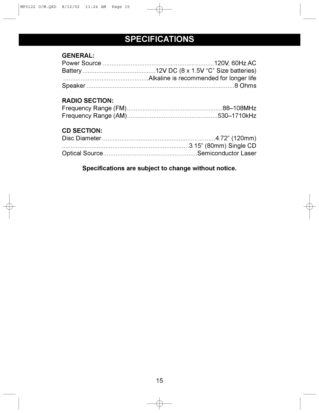 Memorex MP3122 operating instructions Specifications, General, Radio Section, CD Section 