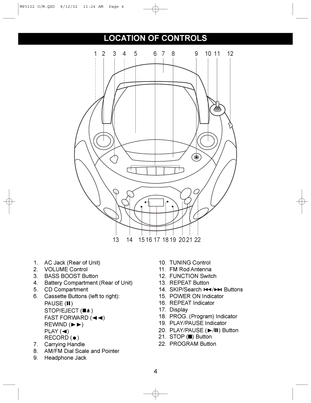 Memorex MP3122 operating instructions Location of Controls, 15 16 17 18 19 20 21 