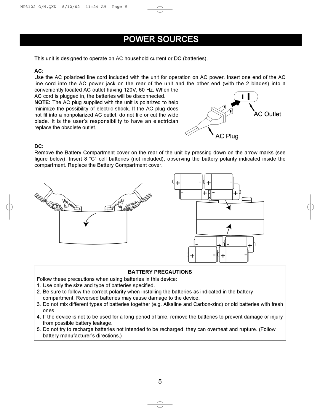 Memorex MP3122 operating instructions Power Sources, Battery Precautions 