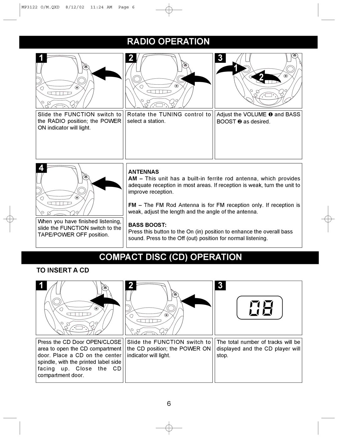 Memorex MP3122 operating instructions Radio Operation, Compact Disc CD Operation, To Insert a CD, Antennas, Bass Boost 