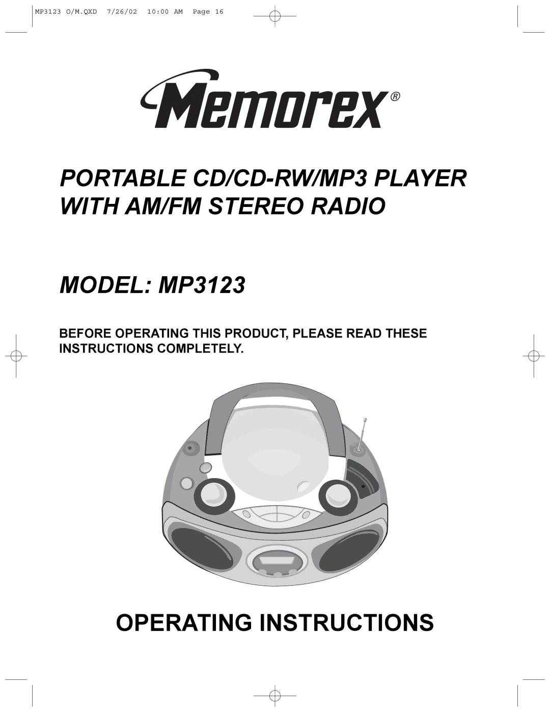 Memorex manual Model MP3123 