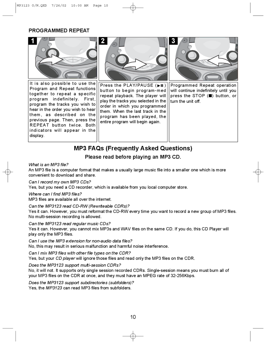 Memorex MP3123 manual MP3 FAQs Frequently Asked Questions, Programmed Repeat 