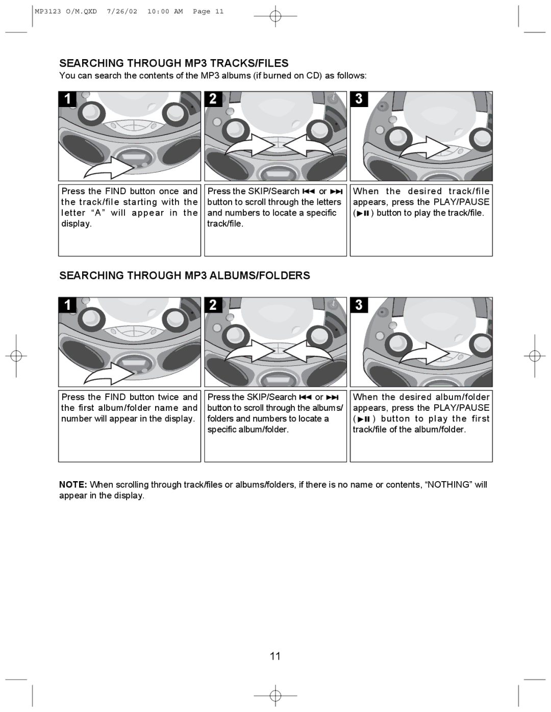 Memorex MP3123 manual Searching Through MP3 TRACKS/FILES, Searching Through MP3 ALBUMS/FOLDERS 