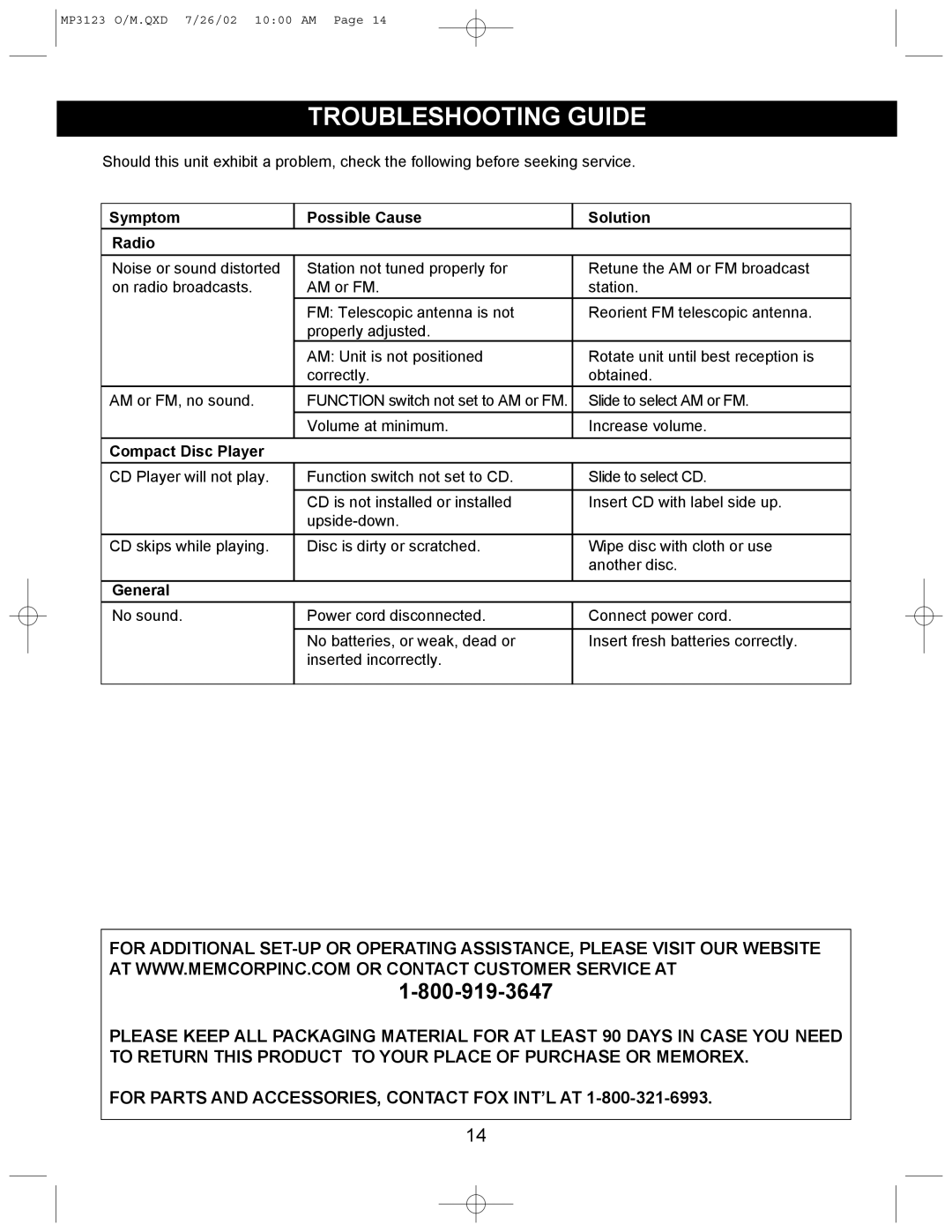 Memorex MP3123 manual Troubleshooting Guide, Symptom Possible Cause Solution Radio 