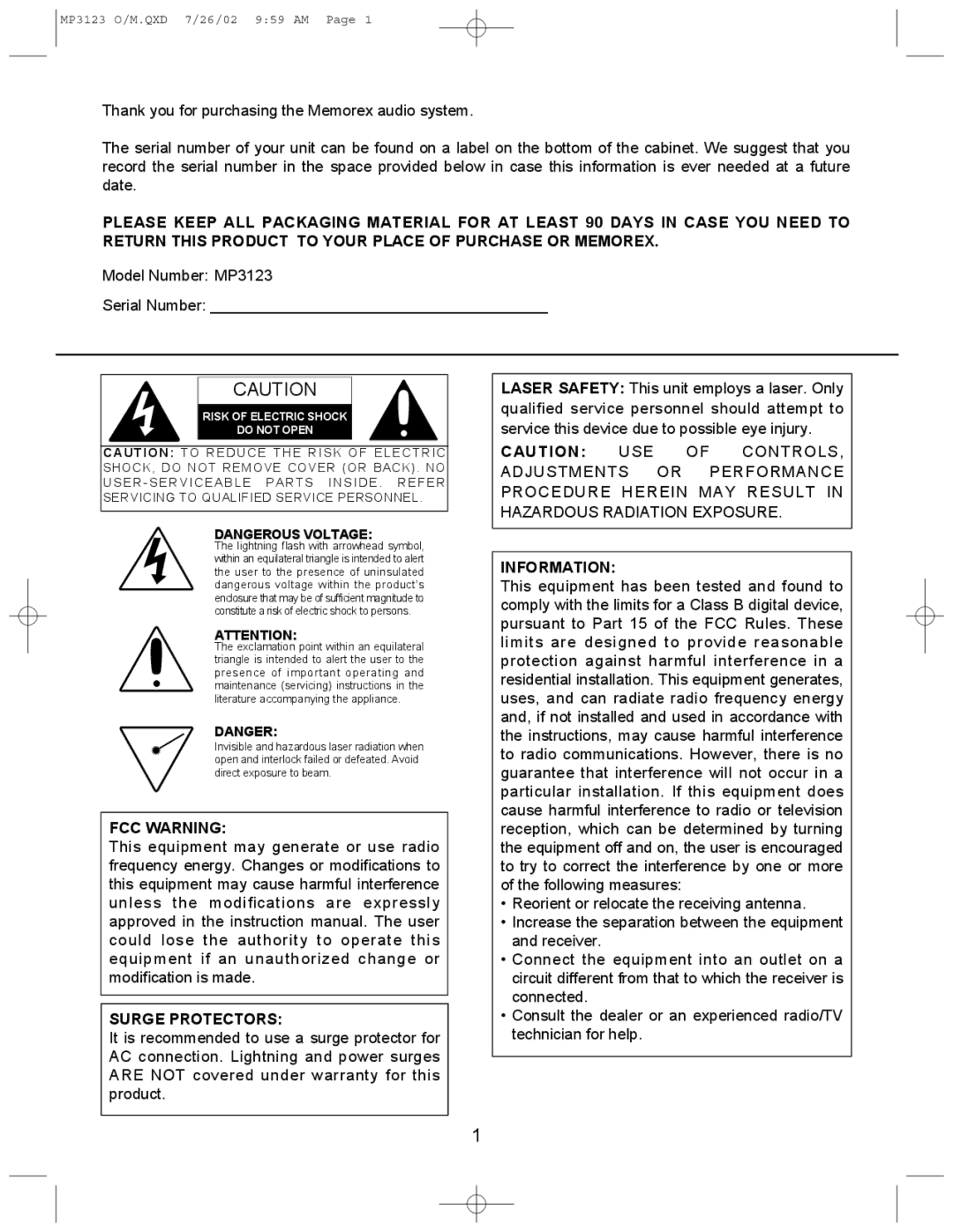 Memorex MP3123 manual FCC Warning Surge Protectors 