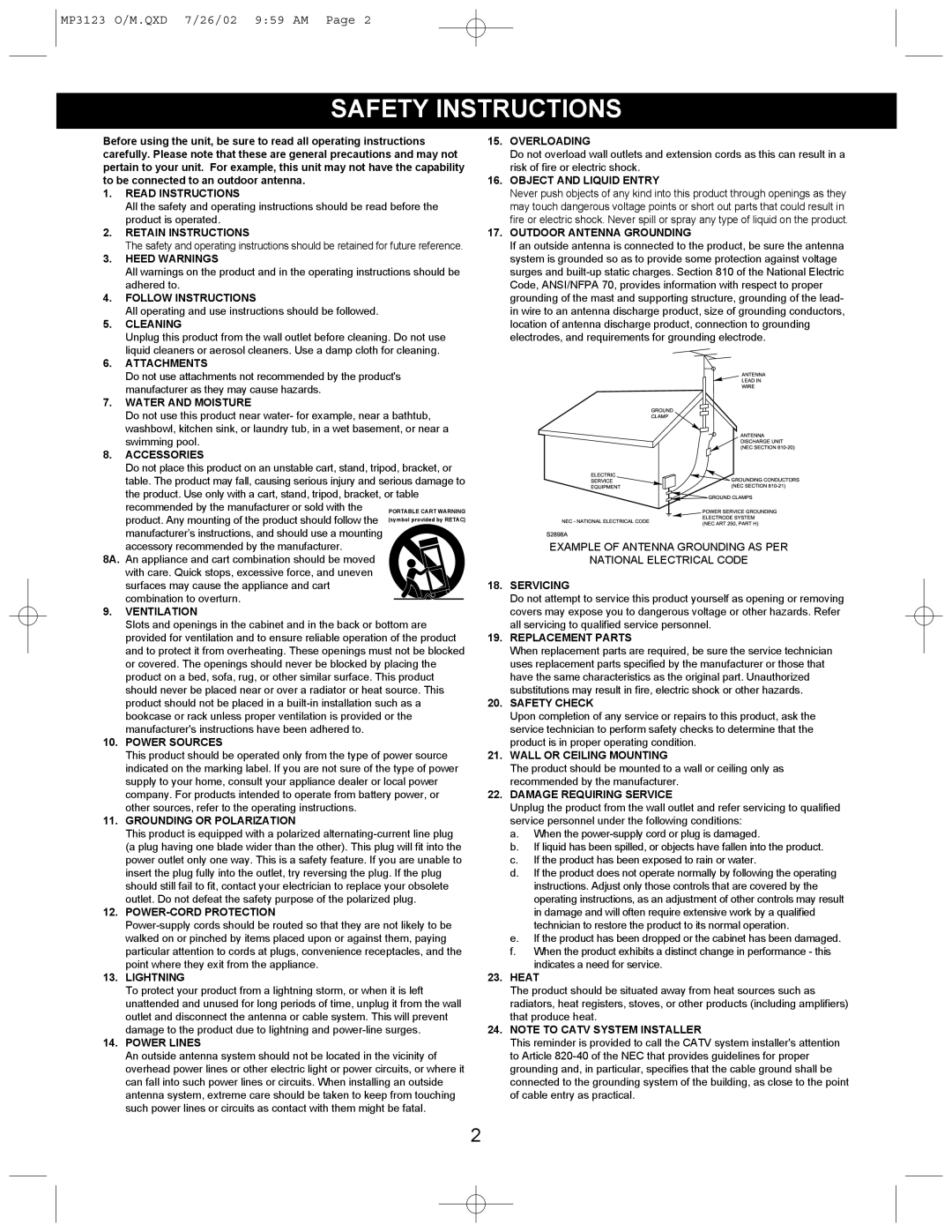 Memorex MP3123 manual Safety Instructions, Cleaning 