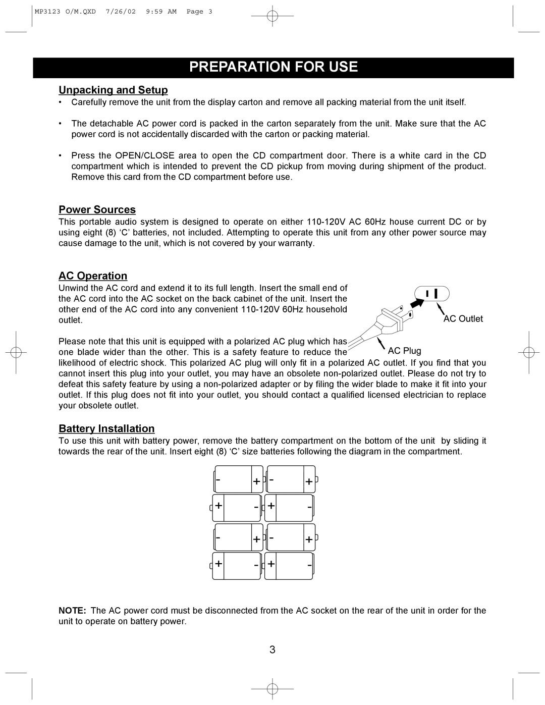 Memorex MP3123 manual Preparation for USE, Unpacking and Setup 