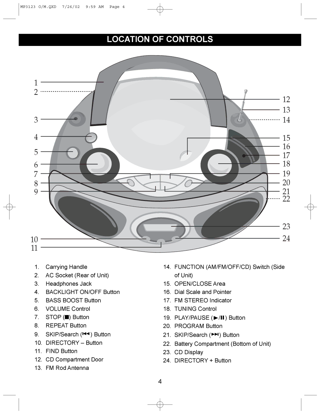 Memorex MP3123 manual Location of Controls, 16 17 