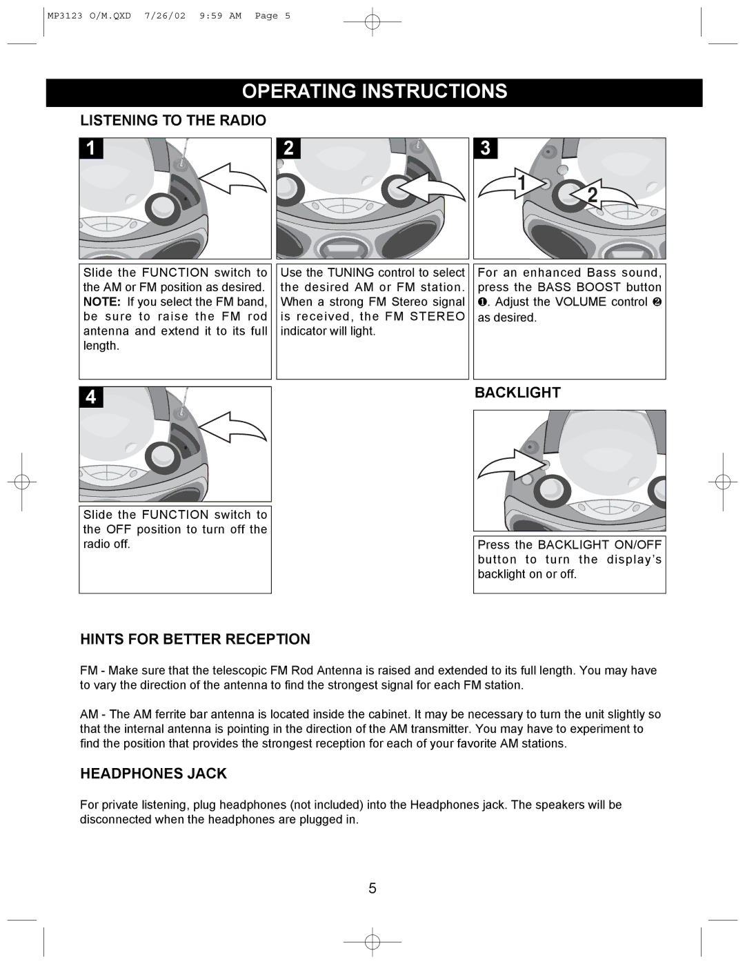 Memorex MP3123 Operating Instructions, Listening to the Radio, Backlight, Hints for Better Reception, Headphones Jack 