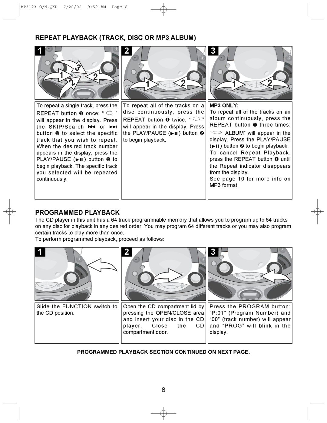 Memorex MP3123 manual Repeat Playback TRACK, Disc or MP3 Album, Programmed Playback 