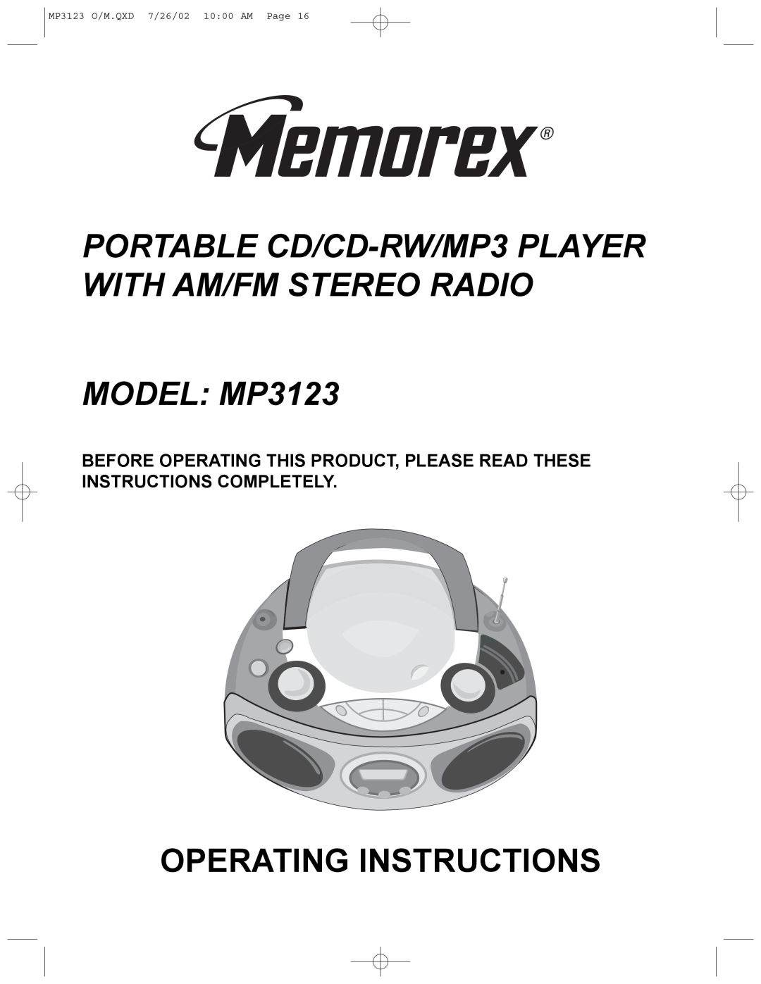 Memorex manual MODEL MP3123, Operating Instructions, MP3123 O/M.QXD 7/26/02 10 00 AM Page 