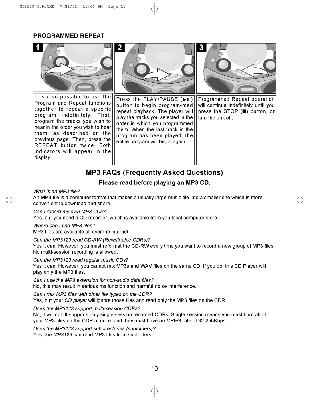 Memorex MP3123 manual MP3 FAQs Frequently Asked Questions, Programmed Repeat, Please read before playing an MP3 CD 