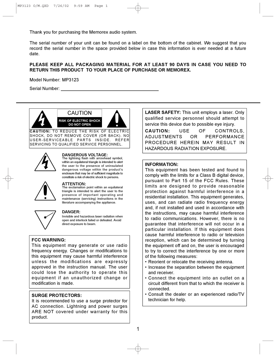 Memorex MP3123 manual Fcc Warning, Surge Protectors, Information 