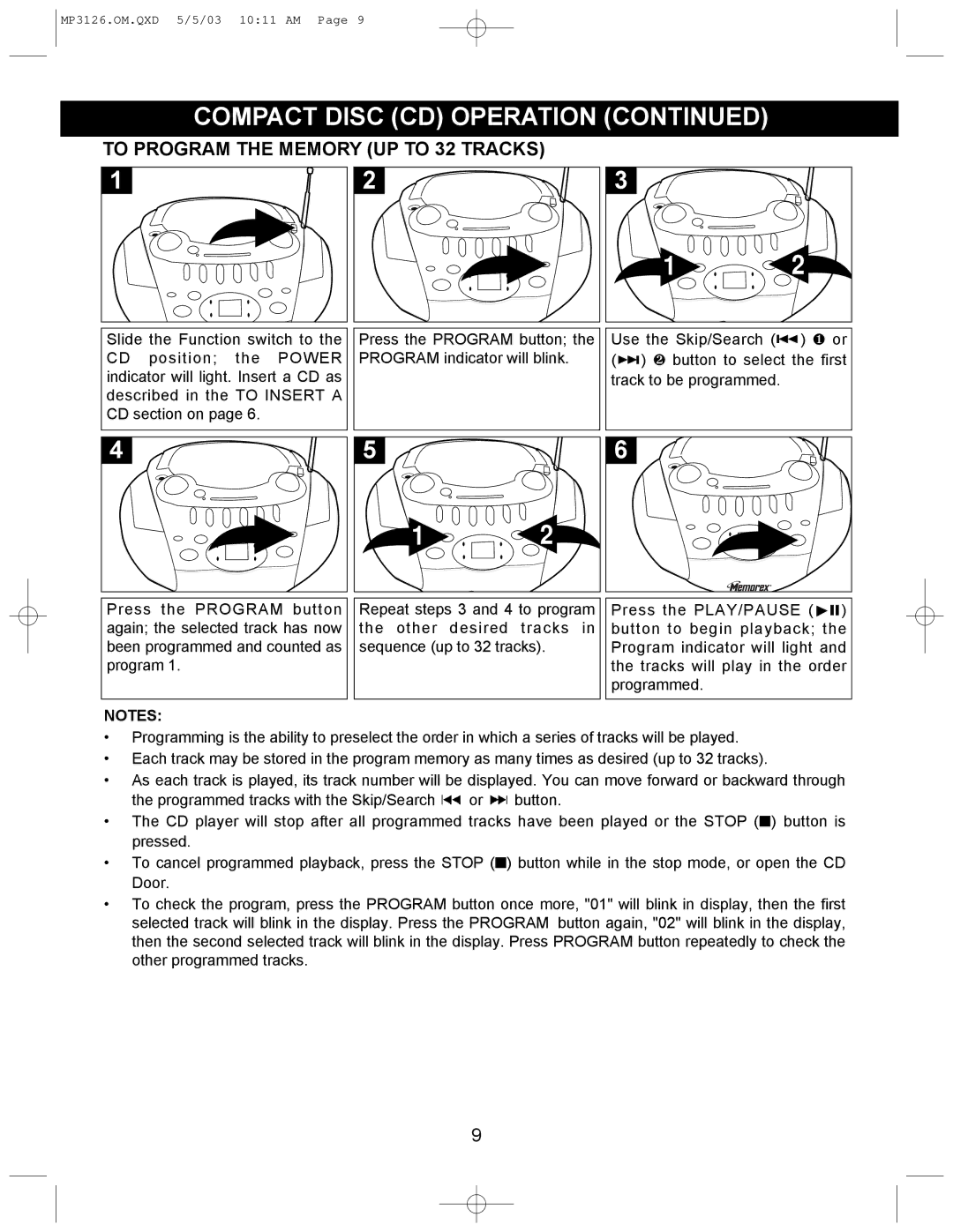 Memorex MP3126 manual To Program the Memory UP to 32 Tracks 