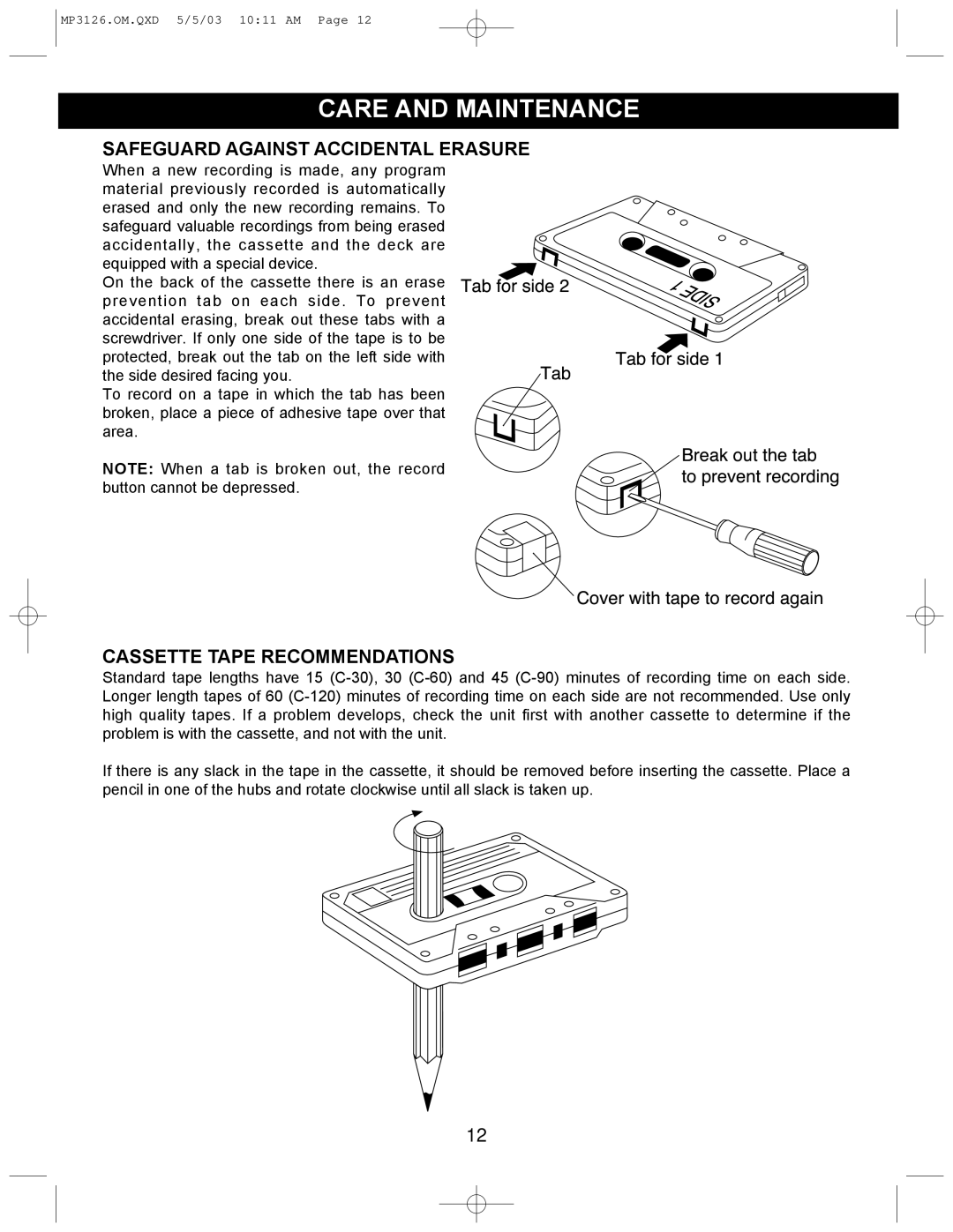 Memorex MP3126 manual Care and Maintenance, Safeguard Against Accidental Erasure, Cassette Tape Recommendations 