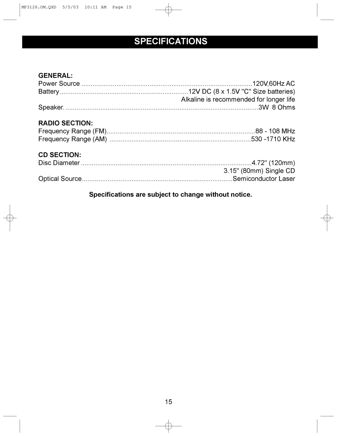 Memorex MP3126 manual Specifications, General, Radio Section, CD Section 