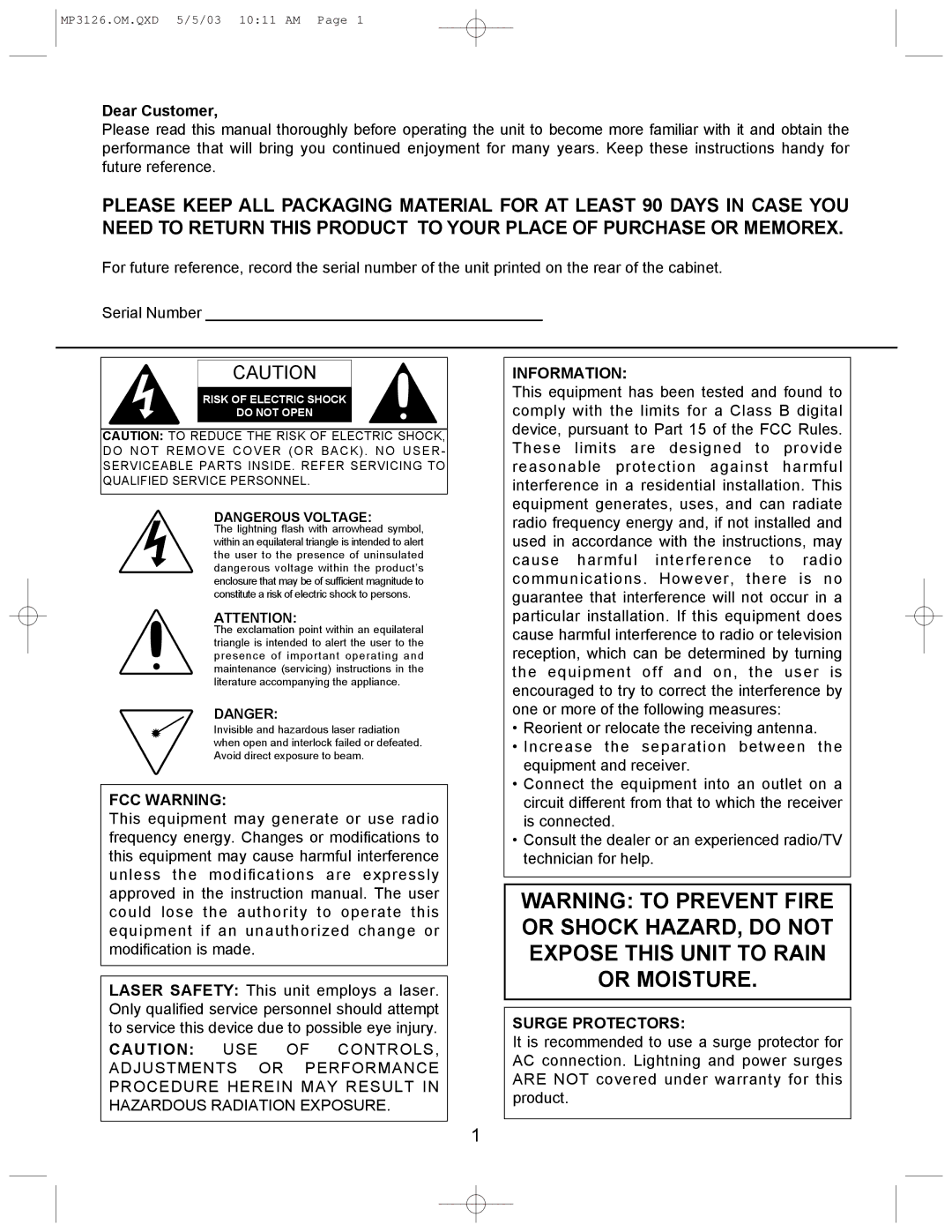 Memorex MP3126 manual Dear Customer, FCC Warning, Information, Surge Protectors 