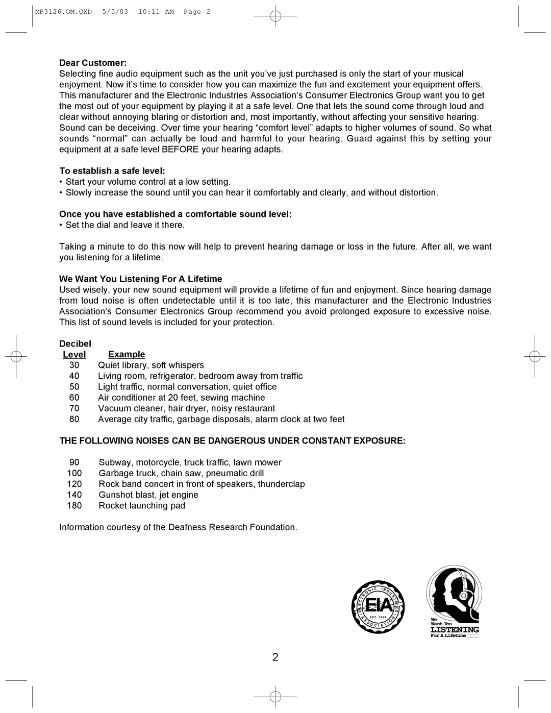 Memorex MP3126 manual To establish a safe level, Once you have established a comfortable sound level, Decibel Level Example 