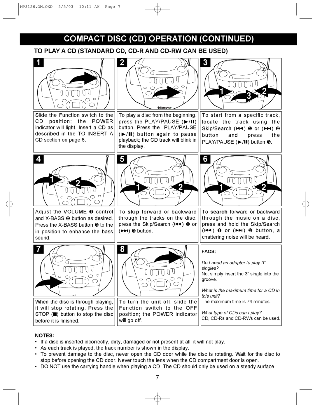 Memorex MP3126 manual To Play a CD Standard CD, CD-R and CD-RW can be Used, Play/Pause 