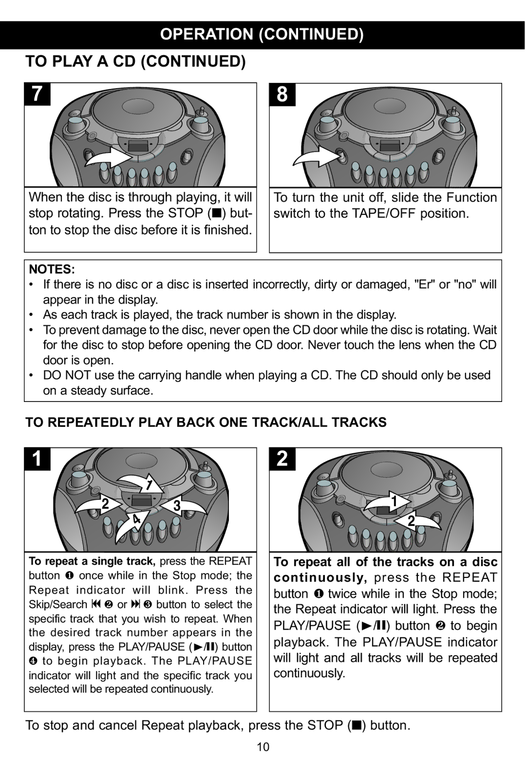 Memorex MP3134BLU manual To Play a CD, To Repeatedly Play Back ONE TRACK/ALL Tracks 