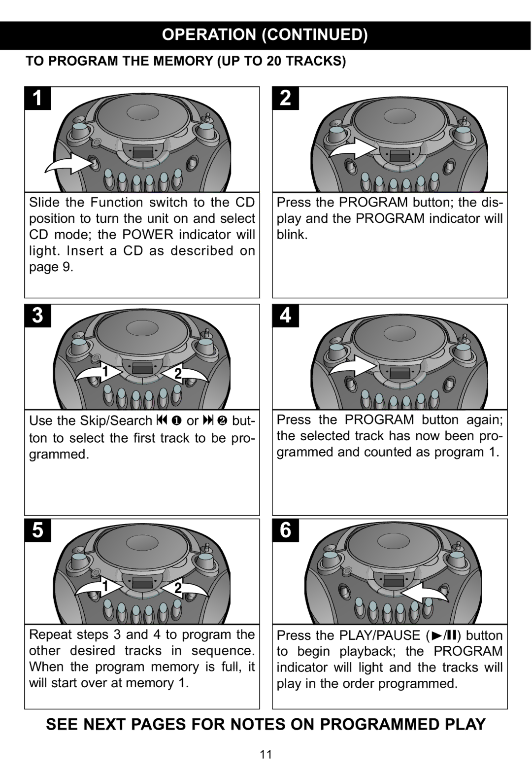 Memorex MP3134BLU manual See Next Pages for Notes on Programmed Play, To Program the Memory UP to 20 Tracks 