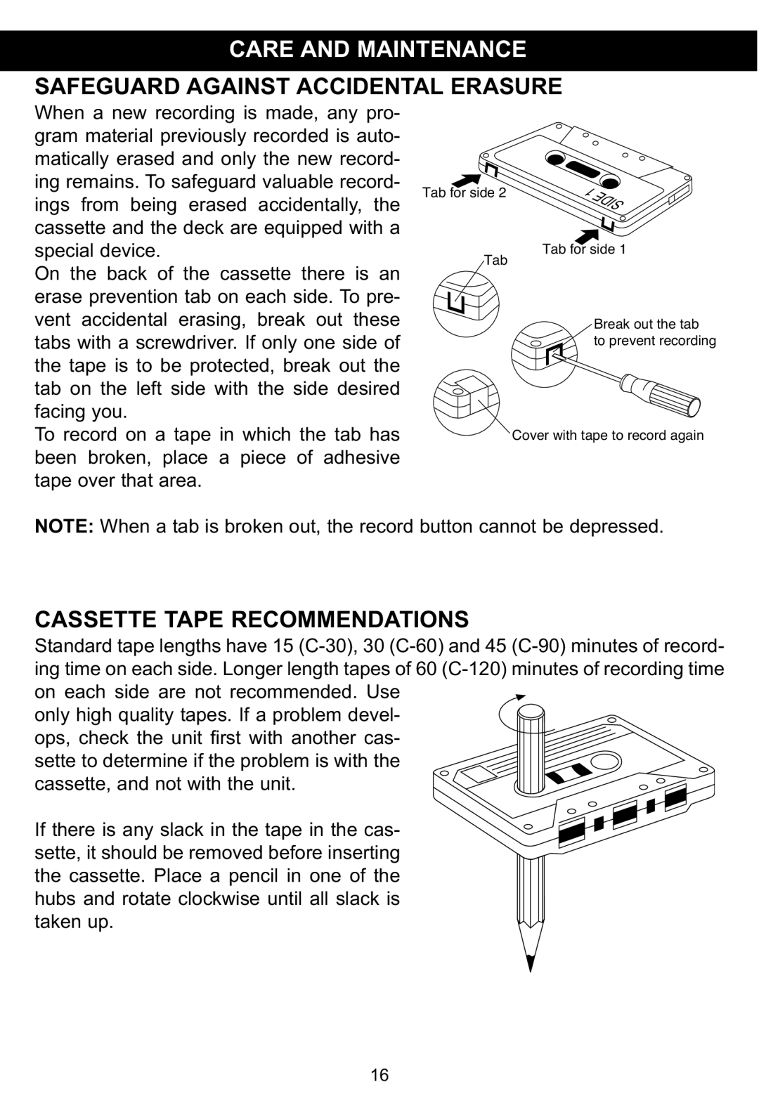 Memorex MP3134BLU manual Care and Maintenance, Cassette Tape Recommendations 