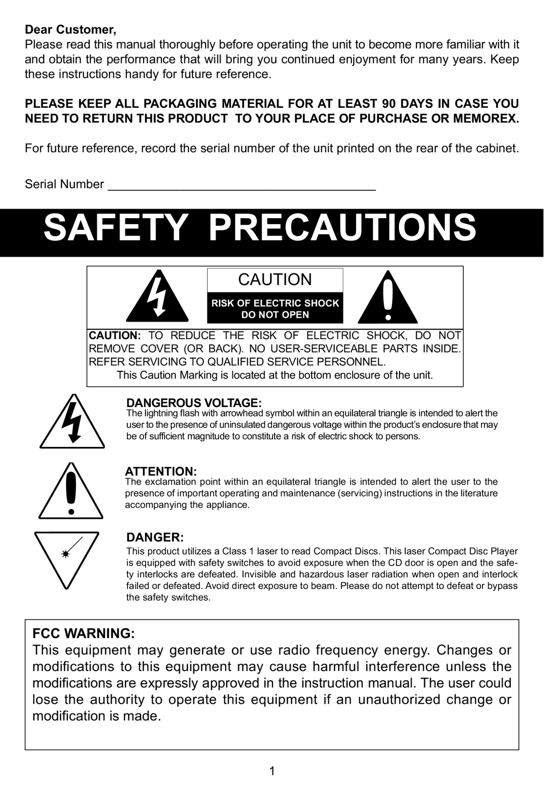 Memorex MP3134BLU manual FCC Warning, Dear Customer 