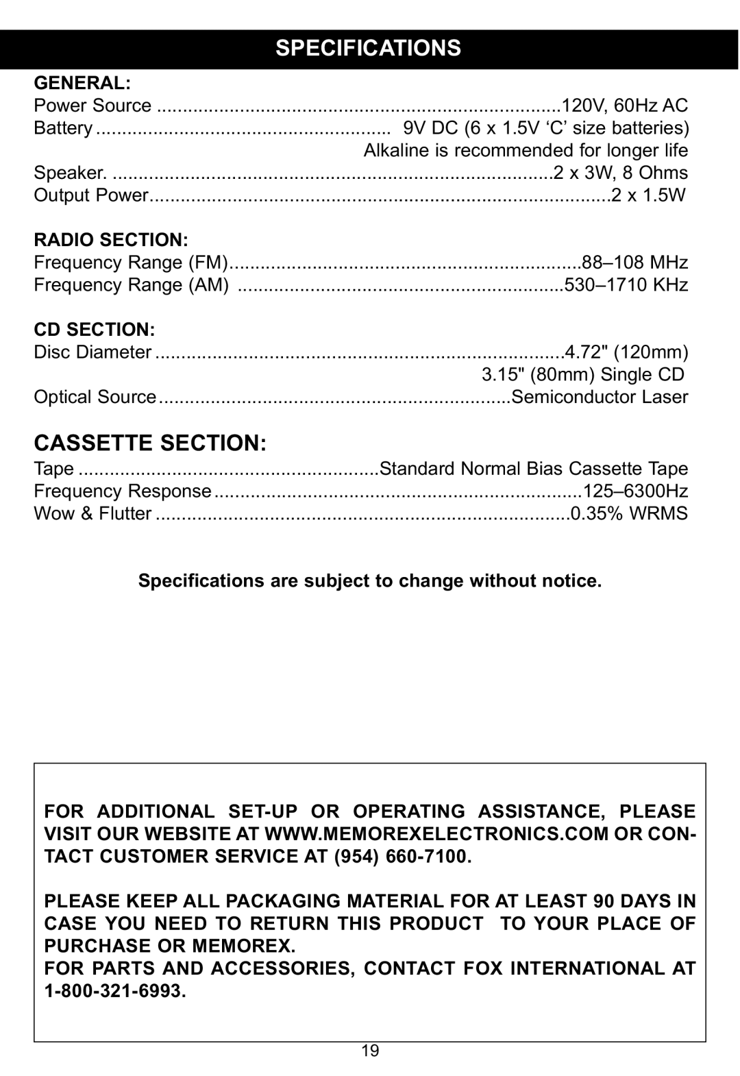 Memorex MP3134BLU manual Specifications 