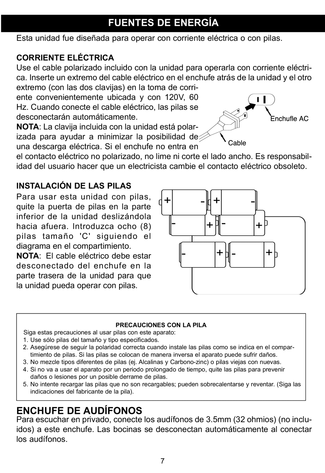 Memorex MP3134BLU manual Fuentes DE Energía, Enchufe DE Audífonos, Corriente Eléctrica 