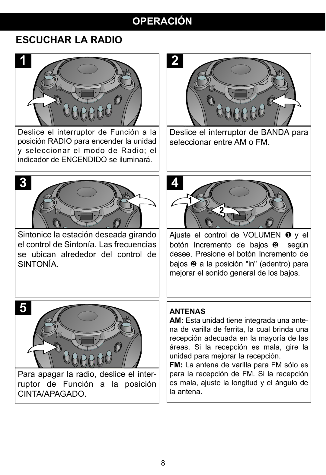 Memorex MP3134BLU manual Escuchar LA Radio, Operación, Antenas 