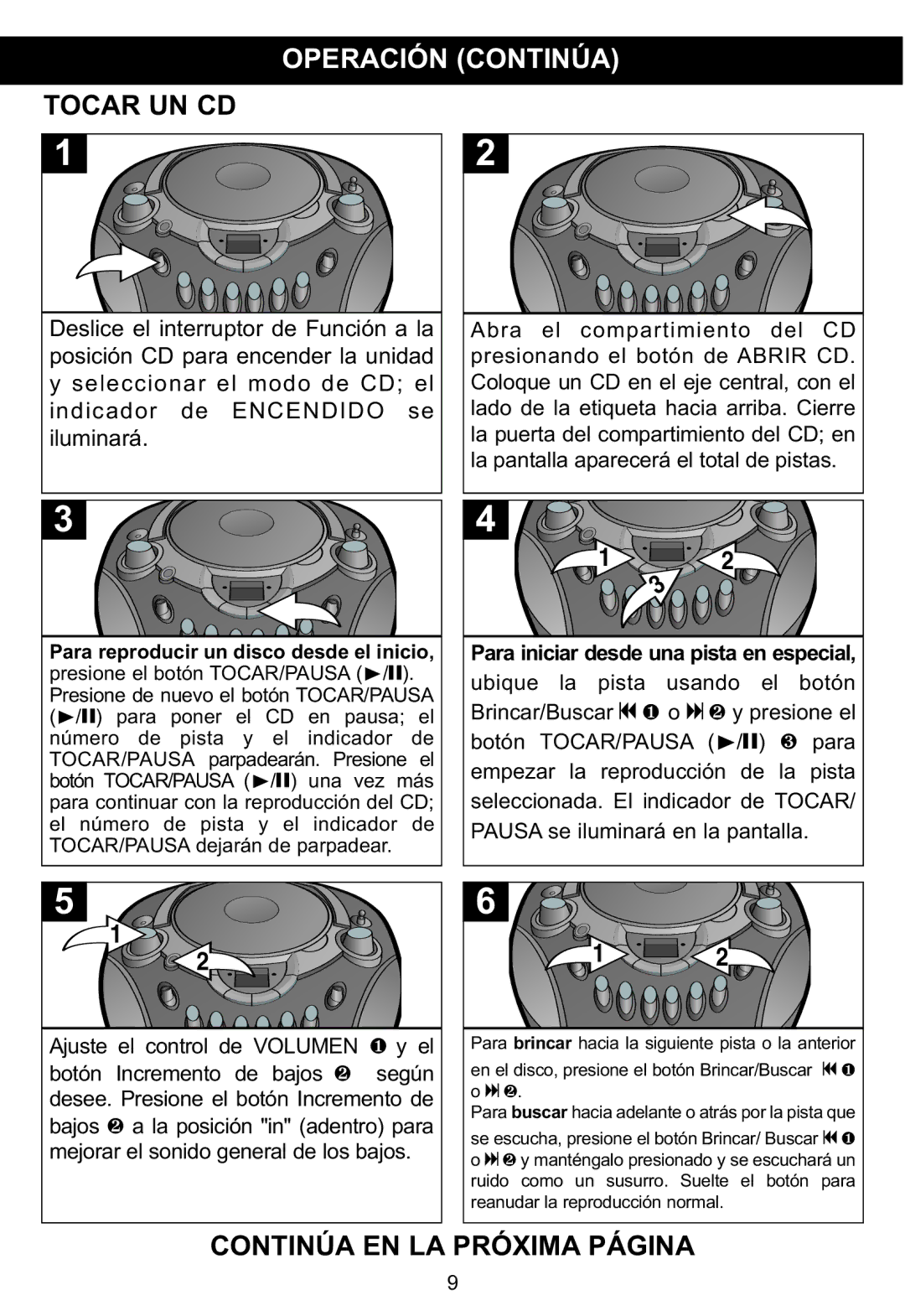 Memorex MP3134BLU manual Tocar UN CD Operación Continúa, Continúa EN LA9PRÓXIMA Página 