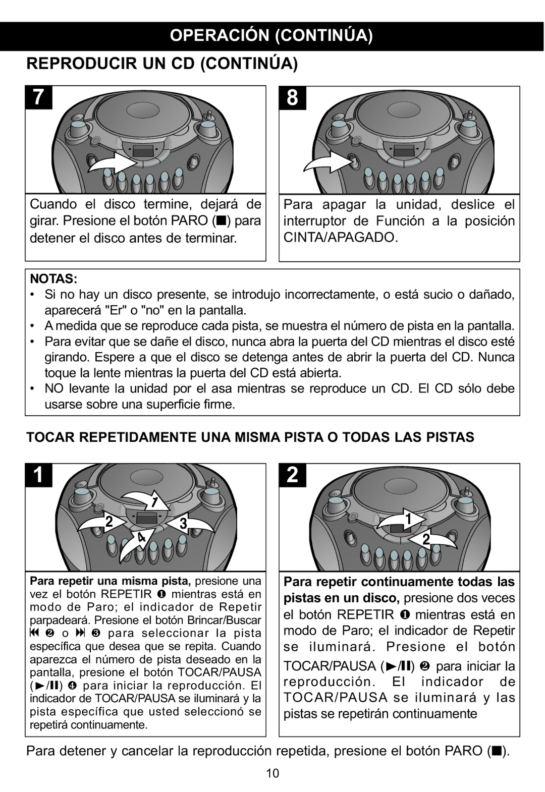 Memorex MP3134BLU manual Reproducir UN CD Continúa, Notas, Tocar Repetidamente UNA Misma Pista O Todas LAS Pistas 