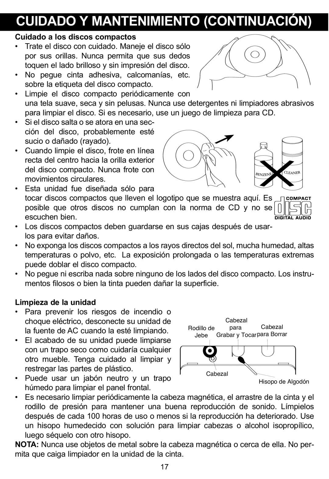 Memorex MP3134BLU manual Cuidado a los discos compactos 