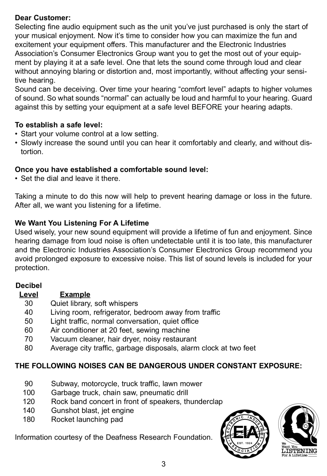 Memorex MP3134BLU manual To establish a safe level, Following Noises can be Dangerous Under Constant Exposure 