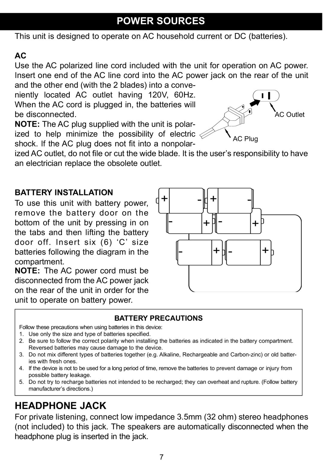 Memorex MP3134BLU manual Power Sources, Headphone Jack, Battery Installation, Battery Precautions 