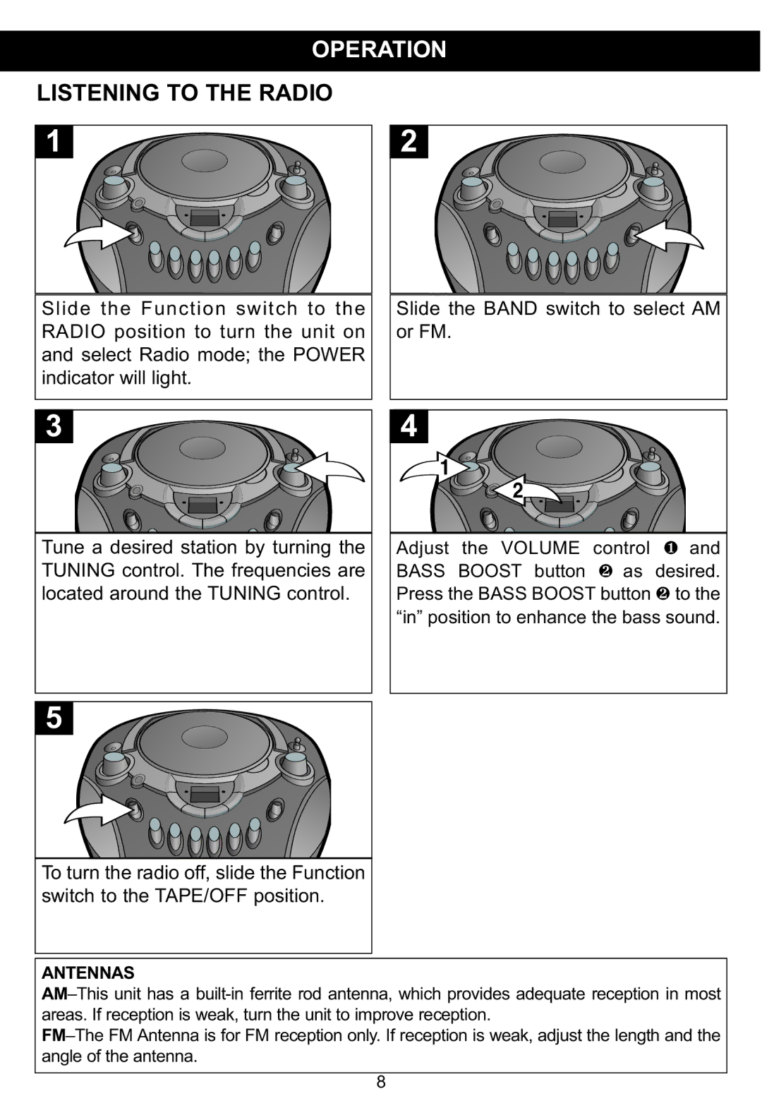 Memorex MP3134BLU manual Operation, Listening to the Radio, Antennas 